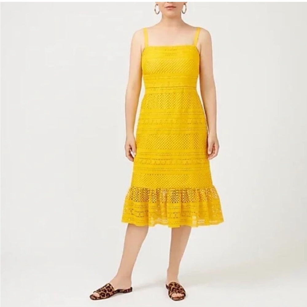 J.Crew Yellow Geometric Lace Midi Dress Ruffle Hem Square Neck 8